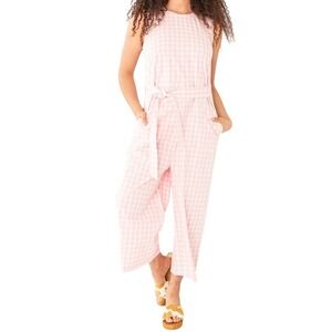 Bando‎ Gingham Jumpsuit Wide Leg Belted Pink White Cotton Size 2X